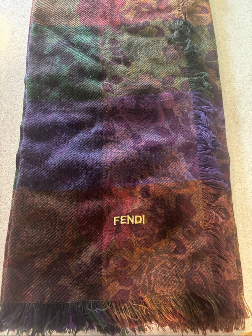 Fendi Purple Green Brown Wool Blend Floral Plaid Scarf
